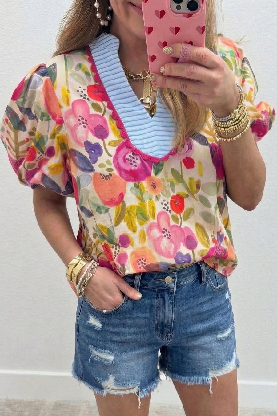 Floral Print V-Neck Puff Sleeve Cotton Blouse Women UK