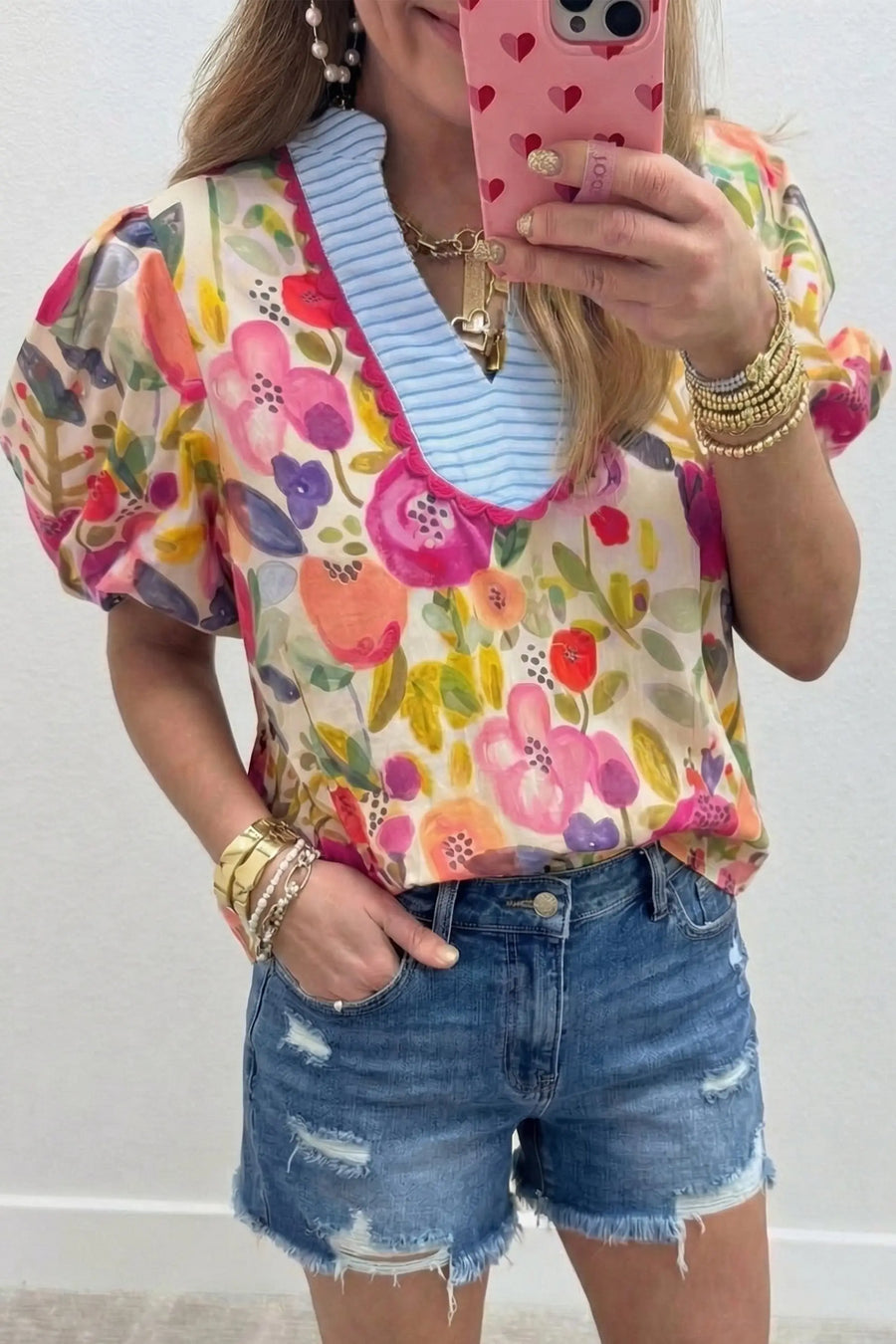 Floral Print V-Neck Puff Sleeve Cotton Blouse Women UK