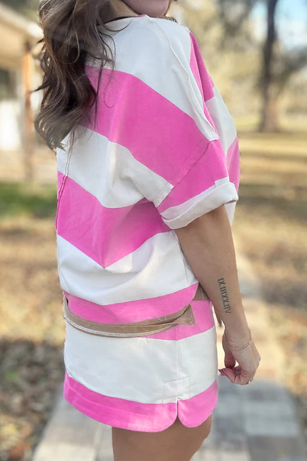 Rose Stripe Colorblock Trim Polo Tee Drawstring Mini Skirt 2pcs Set — side view | Fashionfitz UK