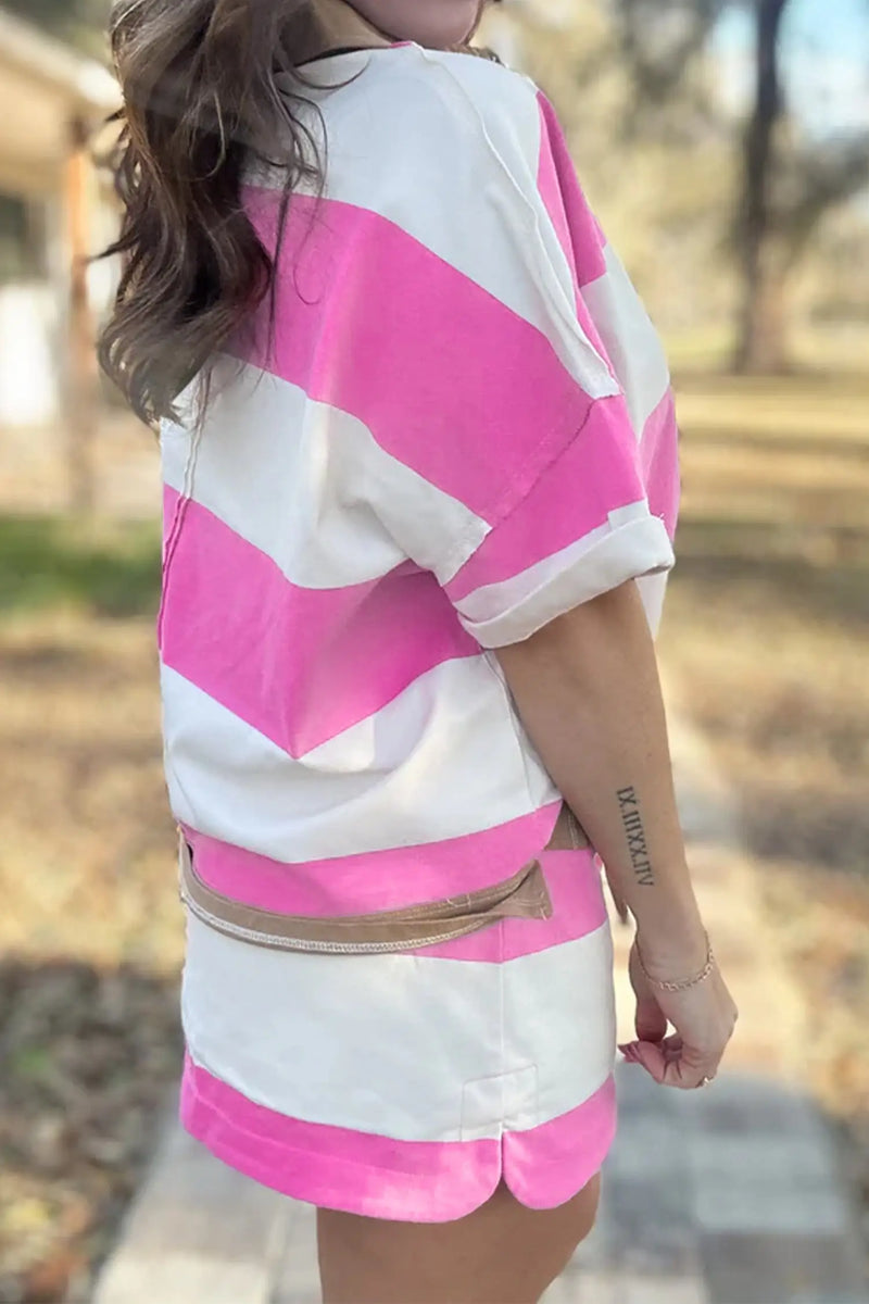 Rose stripe colourblock polo tee and mini skirt set back view — Fashionfitz UK