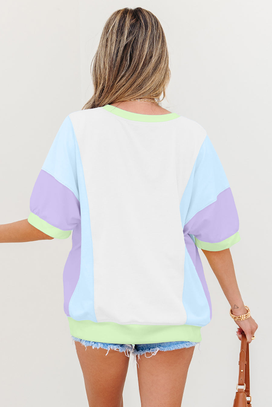 Colorblock Patchwork Half Sleeve Oversized T-Shirt Women UK