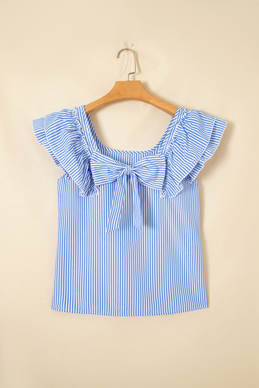 Sky Blue Striped Square Neck Ruffled Bow Blouse Women UK