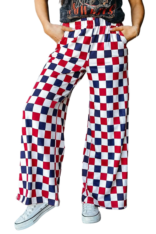 Red 2-tone checked print high waist wide leg pants