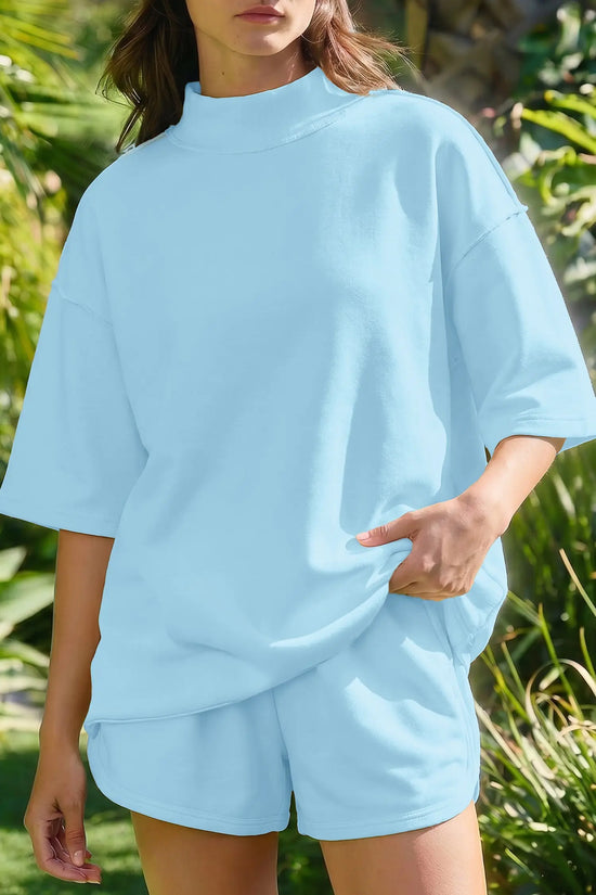 Exposed seam mock neck oversized tee shorts two piece set pockets outfit sets
