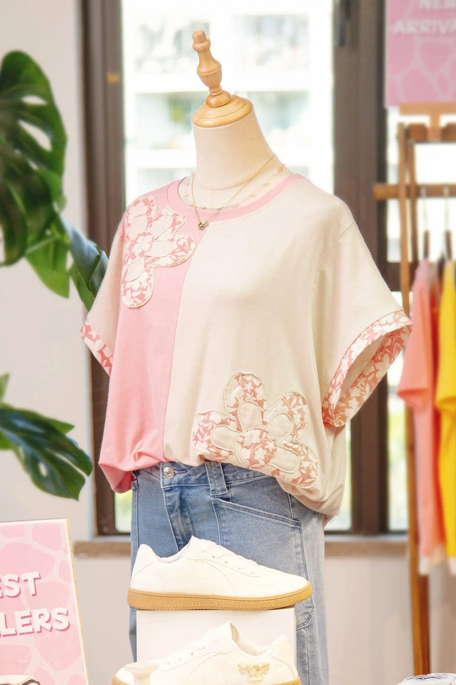 Apricot flower patch loose color block tee