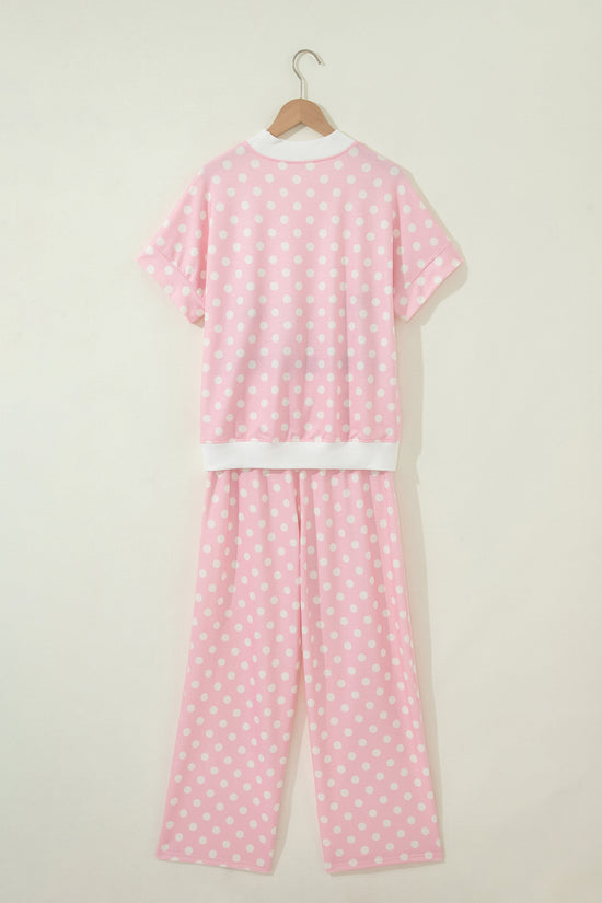 Polka Dot Mock Neck Short Sleeve Top & Shift Trousers Co-Ord Set