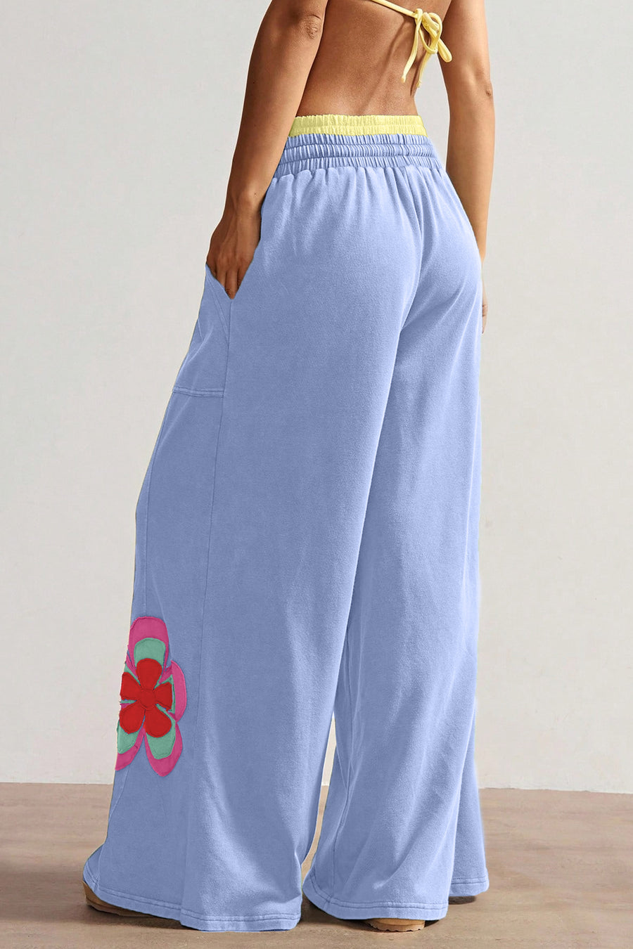 Flower Patchwork Drawstring Elastic Waist Wide-Leg Trousers