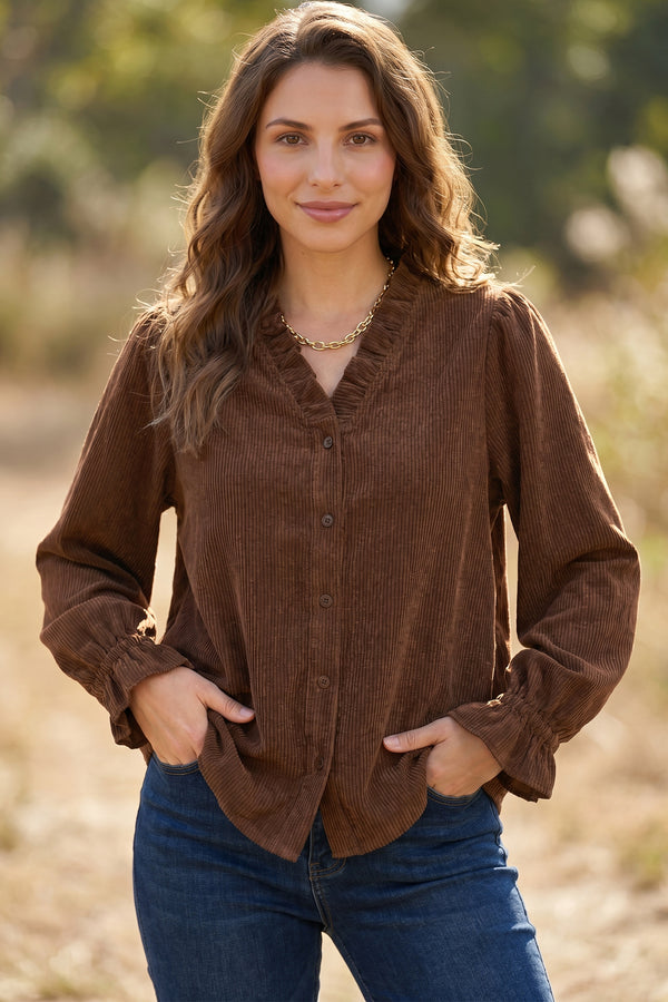Ruffle trim V-neck corduroy shacket in coffee brown — front view