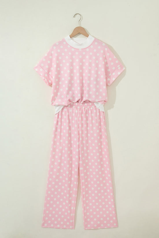 Polka Dot Mock Neck Short Sleeve Top & Shift Trousers Co-Ord Set