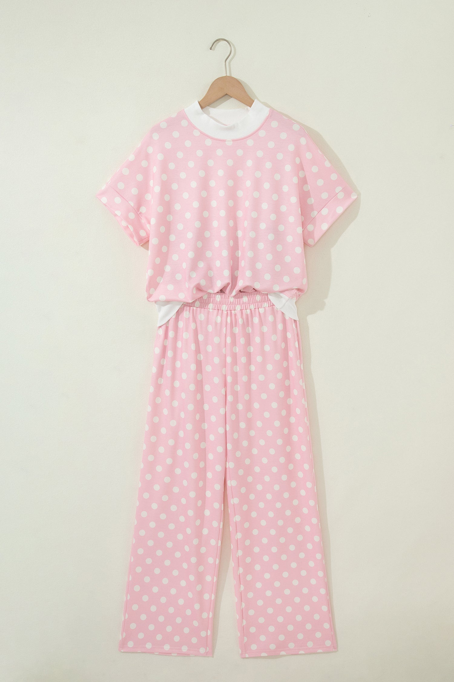 Polka Dot Mock Neck Short Sleeve Top & Shift Trousers Co-Ord Set