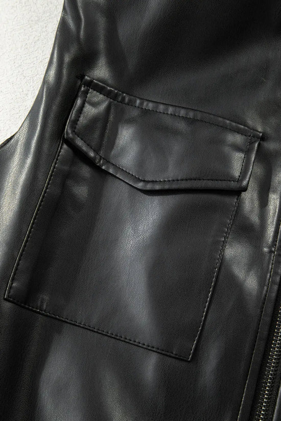 Black double flap pocket faux leather zip up stand neck vest