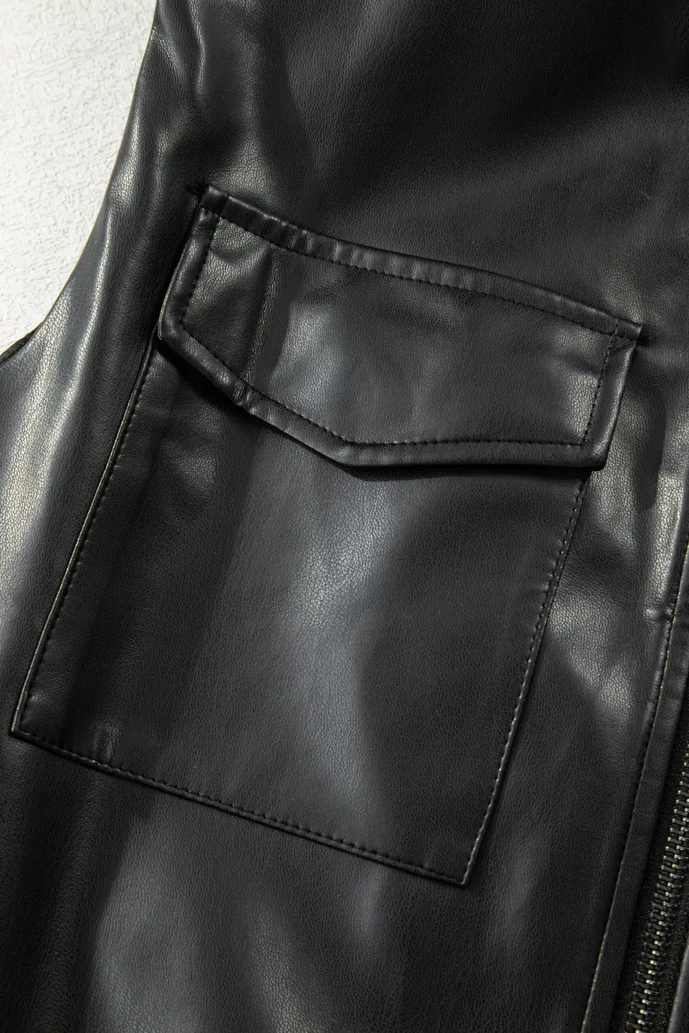 Black double flap pocket faux leather zip up stand neck vest