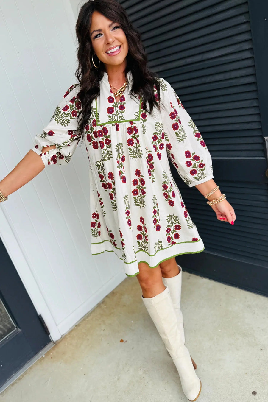 White Floral Frilled V Neck 3/4 Sleeve Loose Dress Women UK — side view