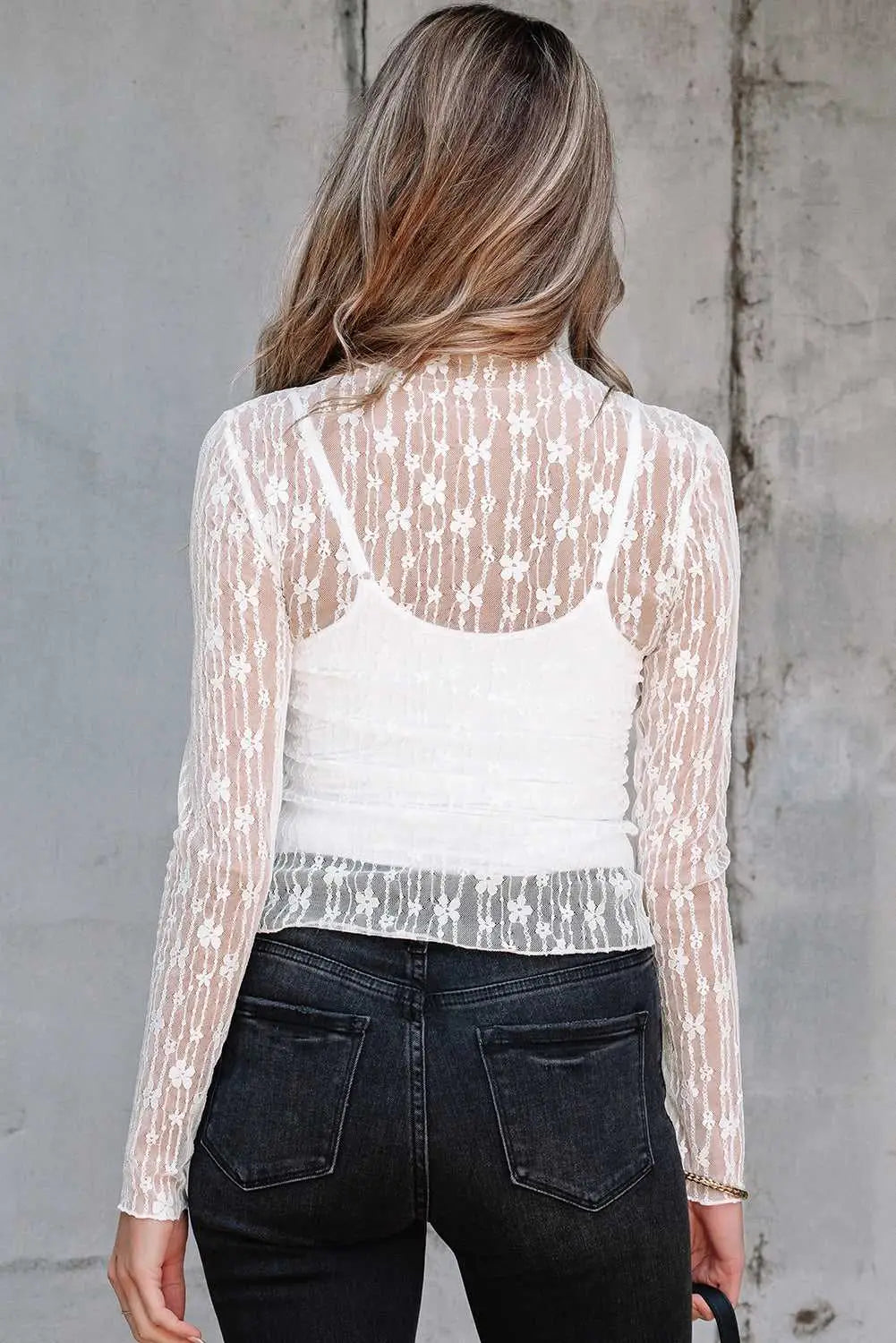 Sheer floral lace slim-fit top blouses