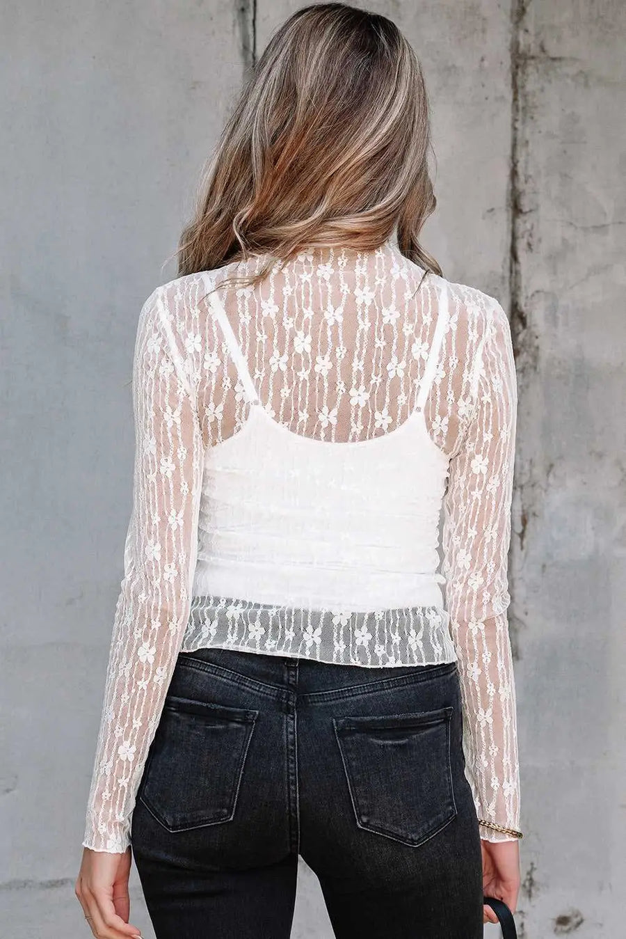 Sheer floral lace slim-fit top blouses