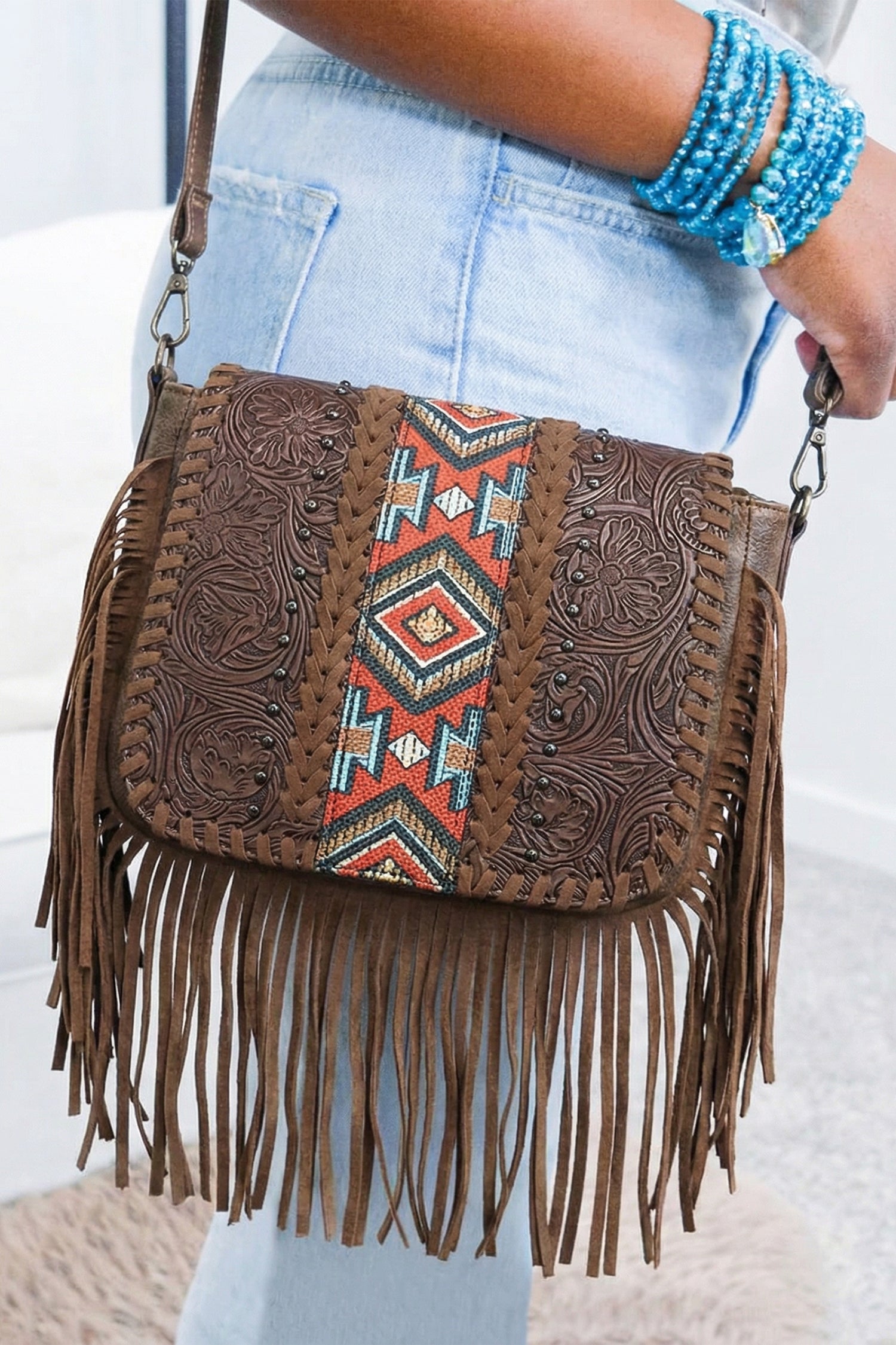 Western Aztec Bohemian Tassel Shoulder Bag Women UK