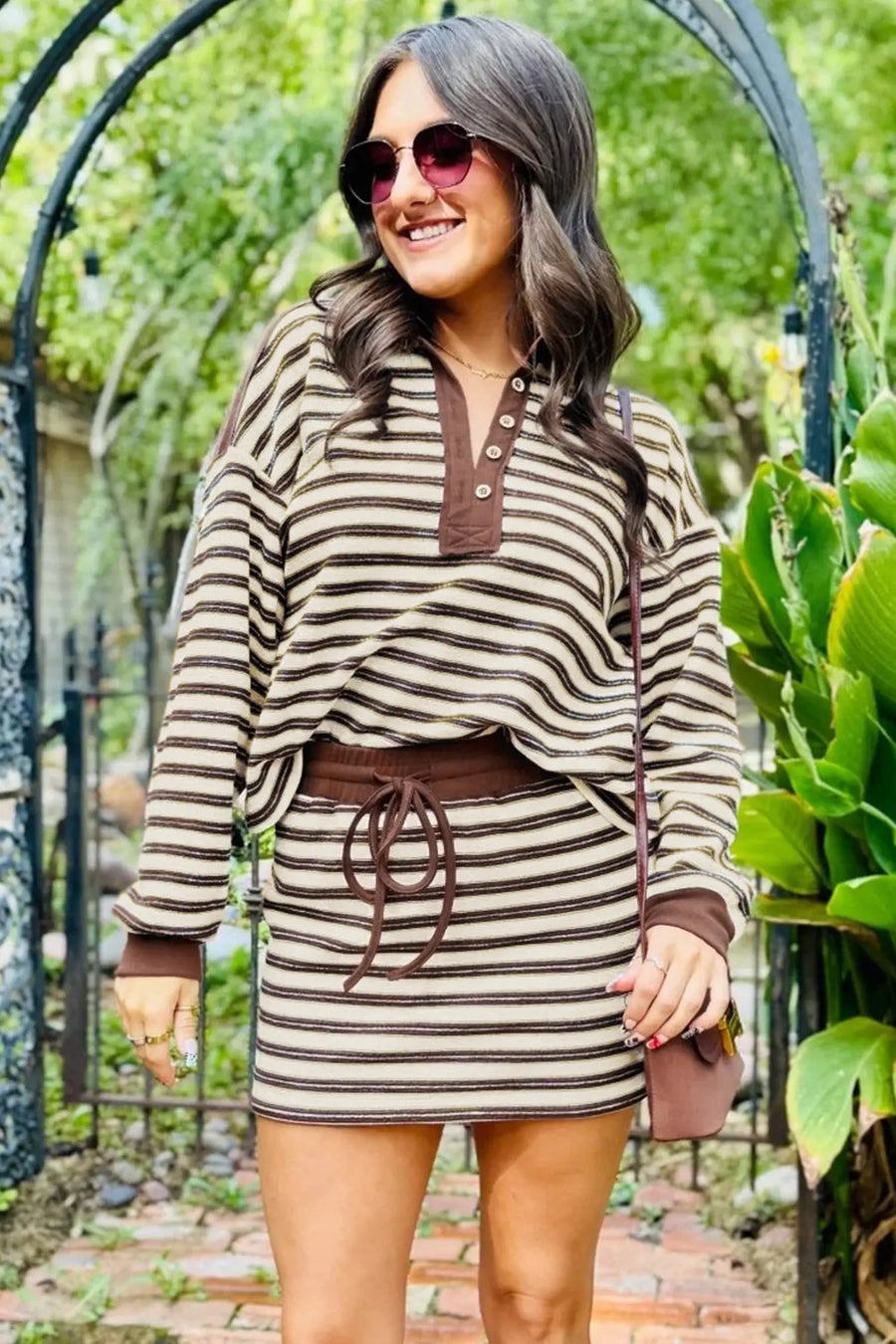 Brown stripe drawstring mini skirt set alternative angle — Fashionfitz UK