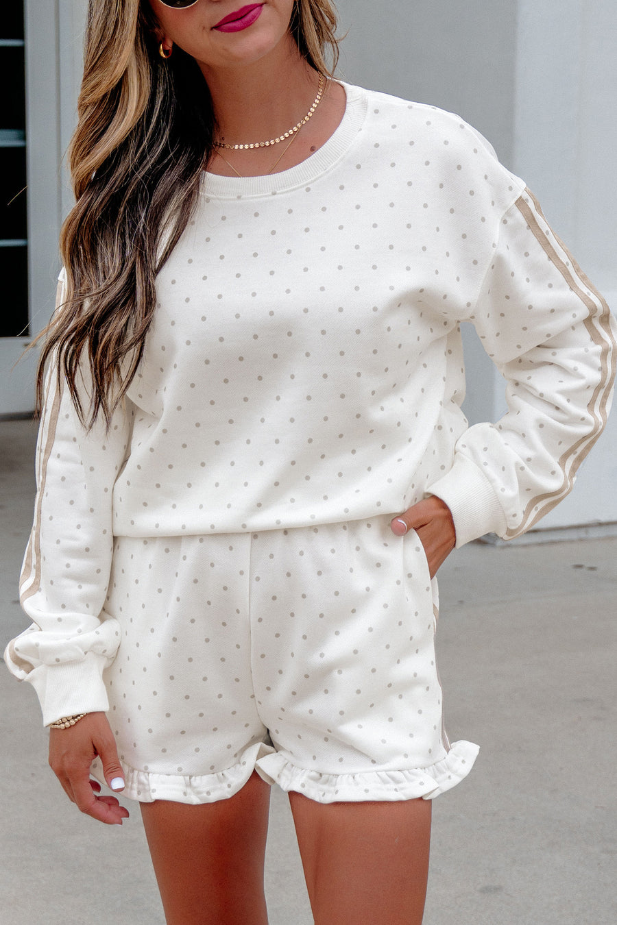 White Polka Dot Stripe Casual Sweatshirt & Shorts Set