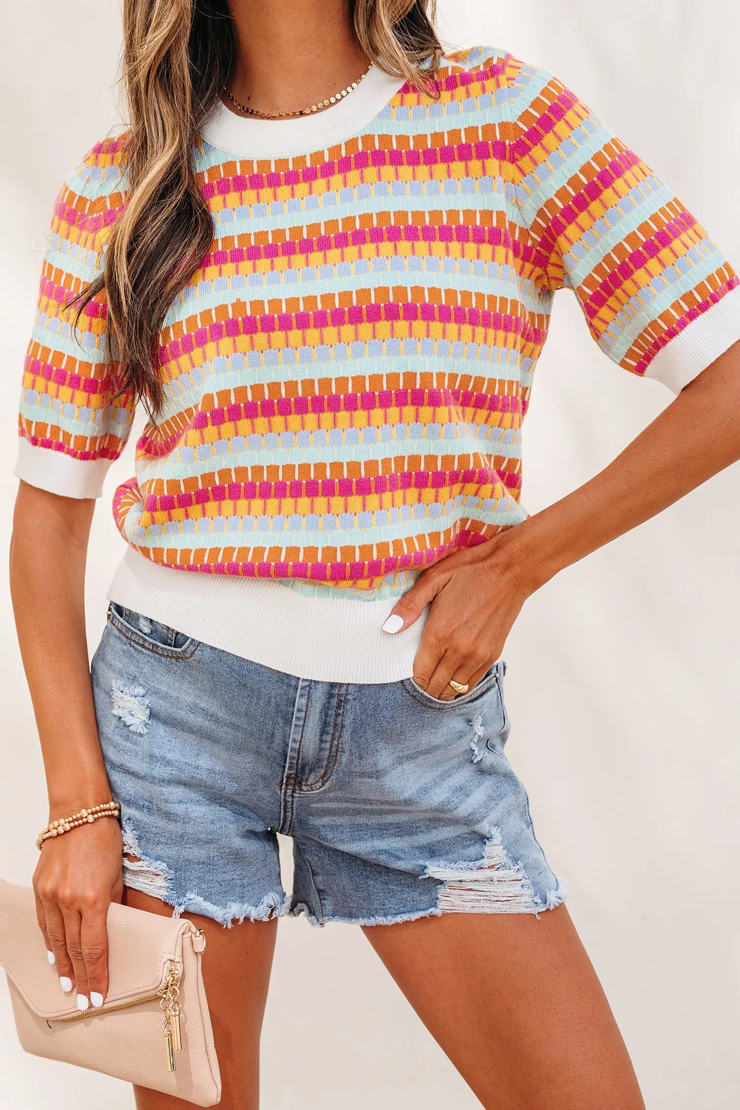 Abstract striped knit short sleeve sweater sweaters