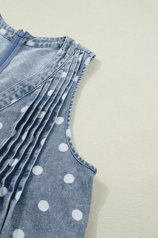 Sky blue polka dot print tie v neck pleated loose denim romper