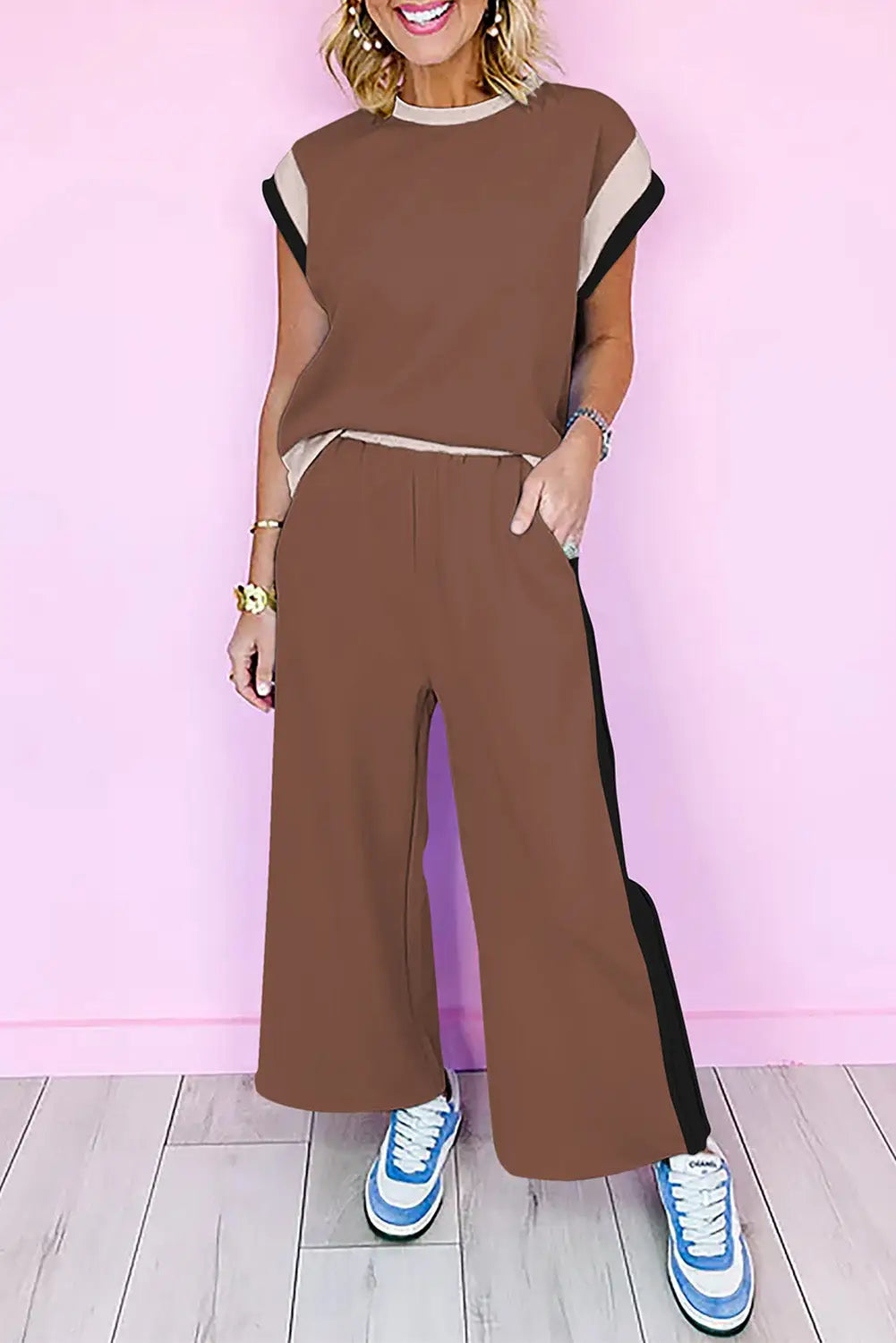 Colour block two piece set cap sleeve wide leg pants women uk