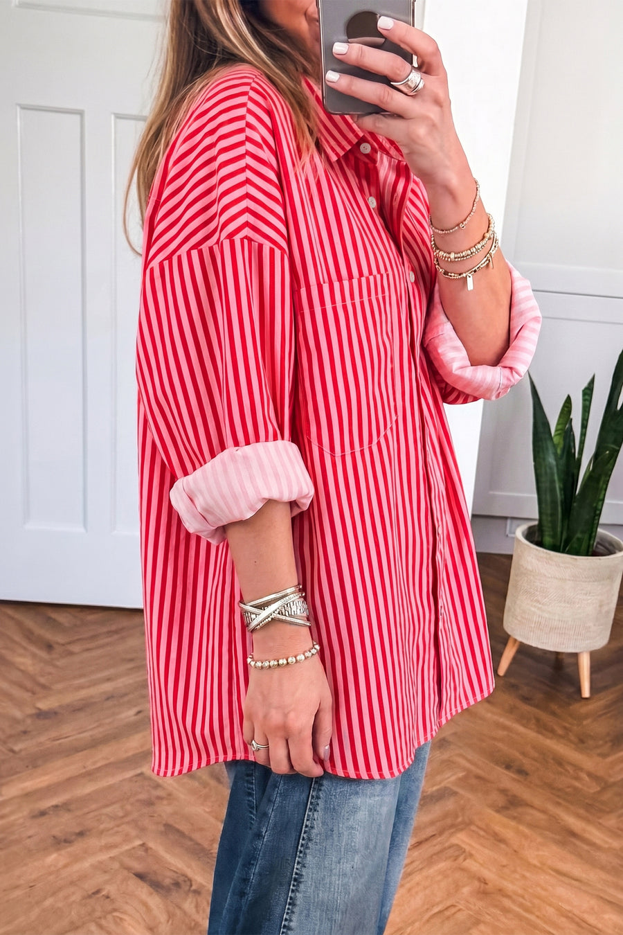 Stripe Button-Up Long Sleeve Shirt with Patch Pocket