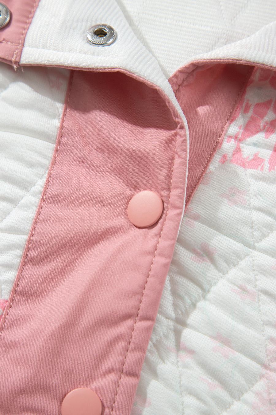 Pink Floral Quilted Half Button Pocketed Pullover Sweatshirt