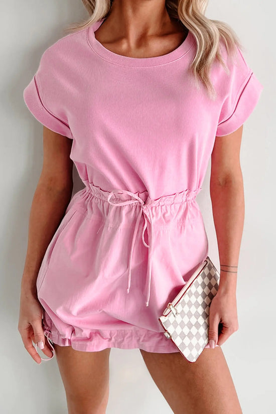 Bonbon cuffed short sleeve mix fabric patchwork drawstring mini dress with pockets dresses
