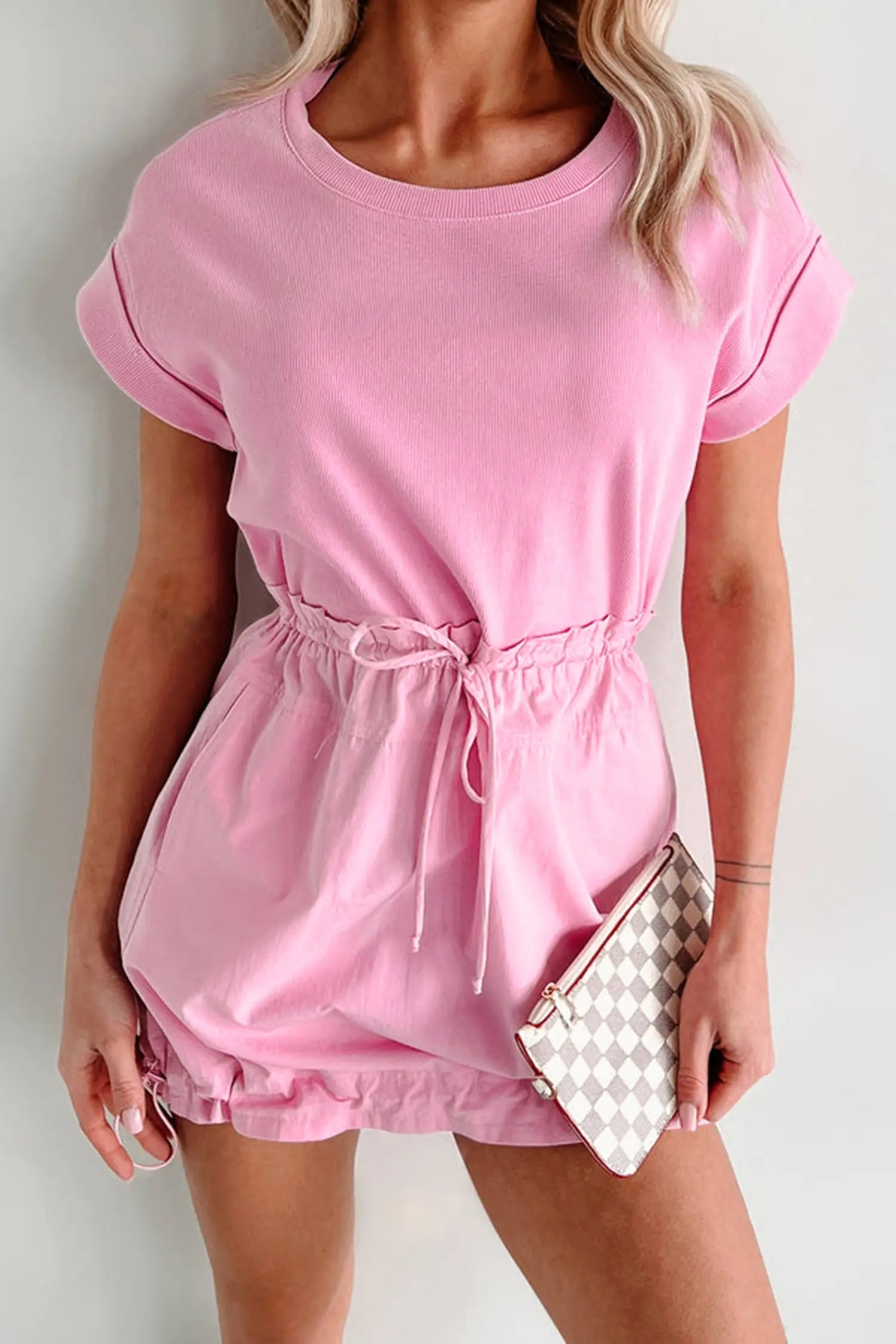 Bonbon cuffed short sleeve mix fabric patchwork drawstring mini dress with pockets dresses