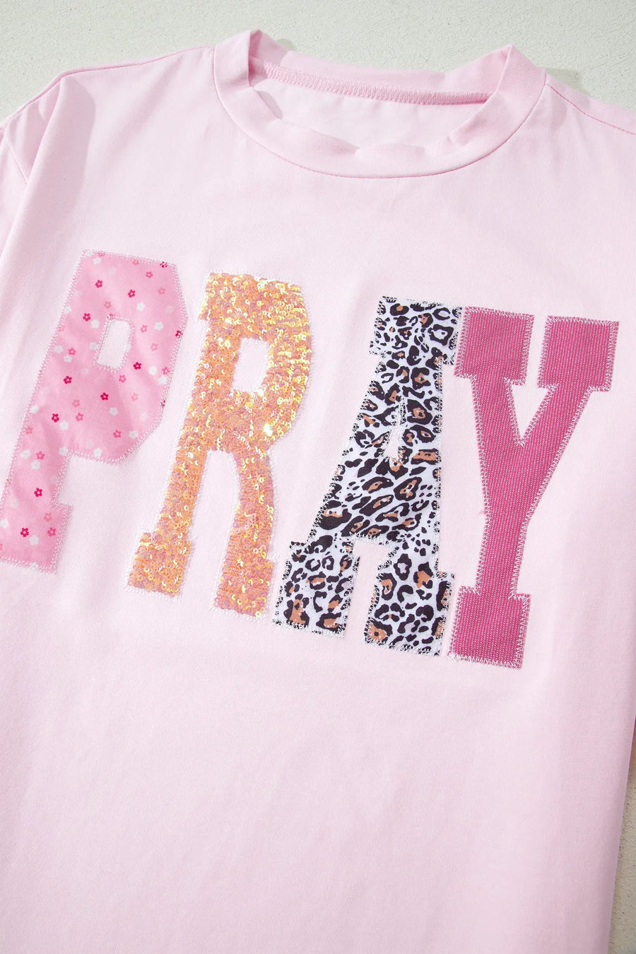 Pink Pray Sequin Leopard Patched Graphic Tee Women UK