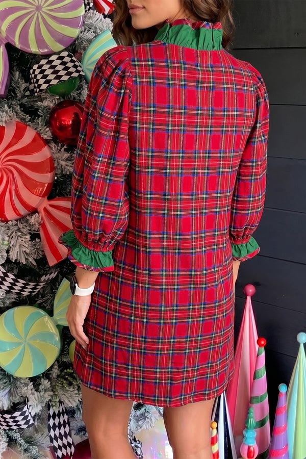 Red plaid ruffle cuff mini dress UK side view styled with boots