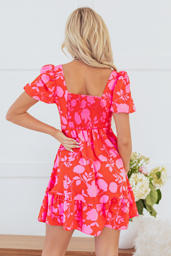 Red Floral Bubble Sleeve Sweetheart Neck Ruffled Mini Dress Women UK