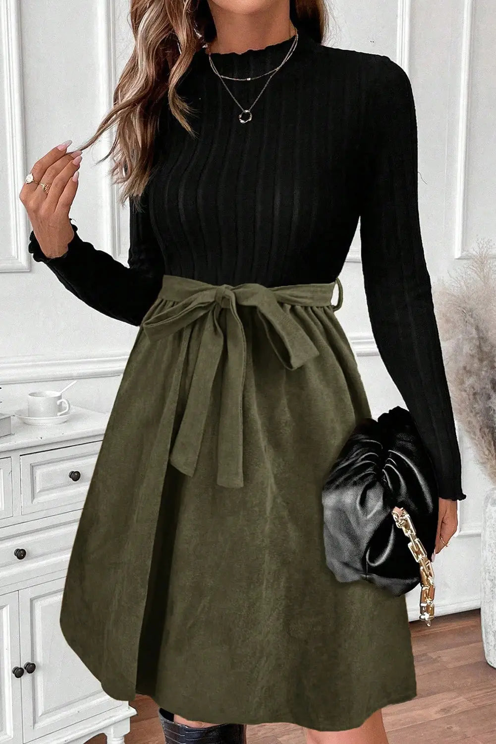 Black ribbed knit slim patchwork belted mini dress