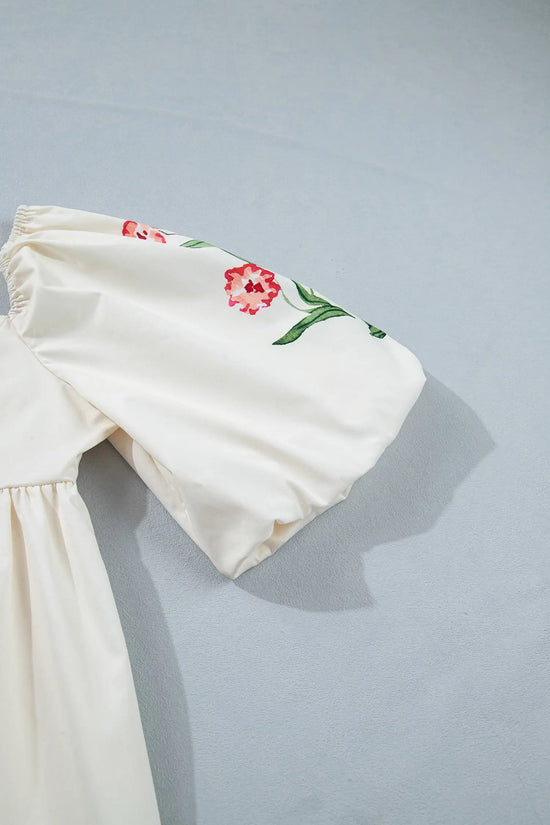 Beige floral print puff sleeve babydoll dress