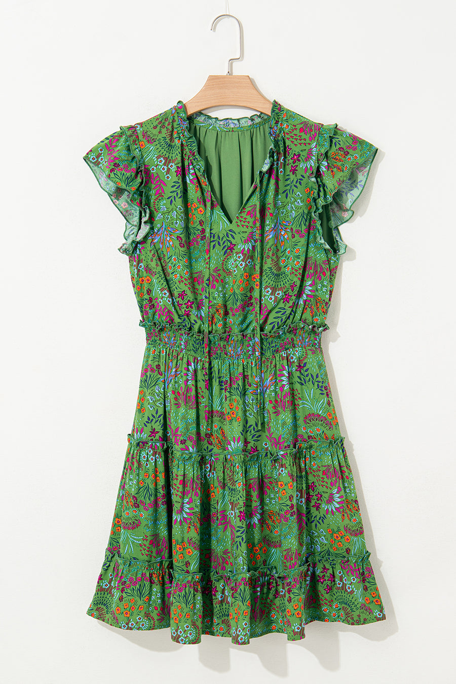 Green Floral Tie Split Neck Ruffle Trim Tiered Dress Women UK