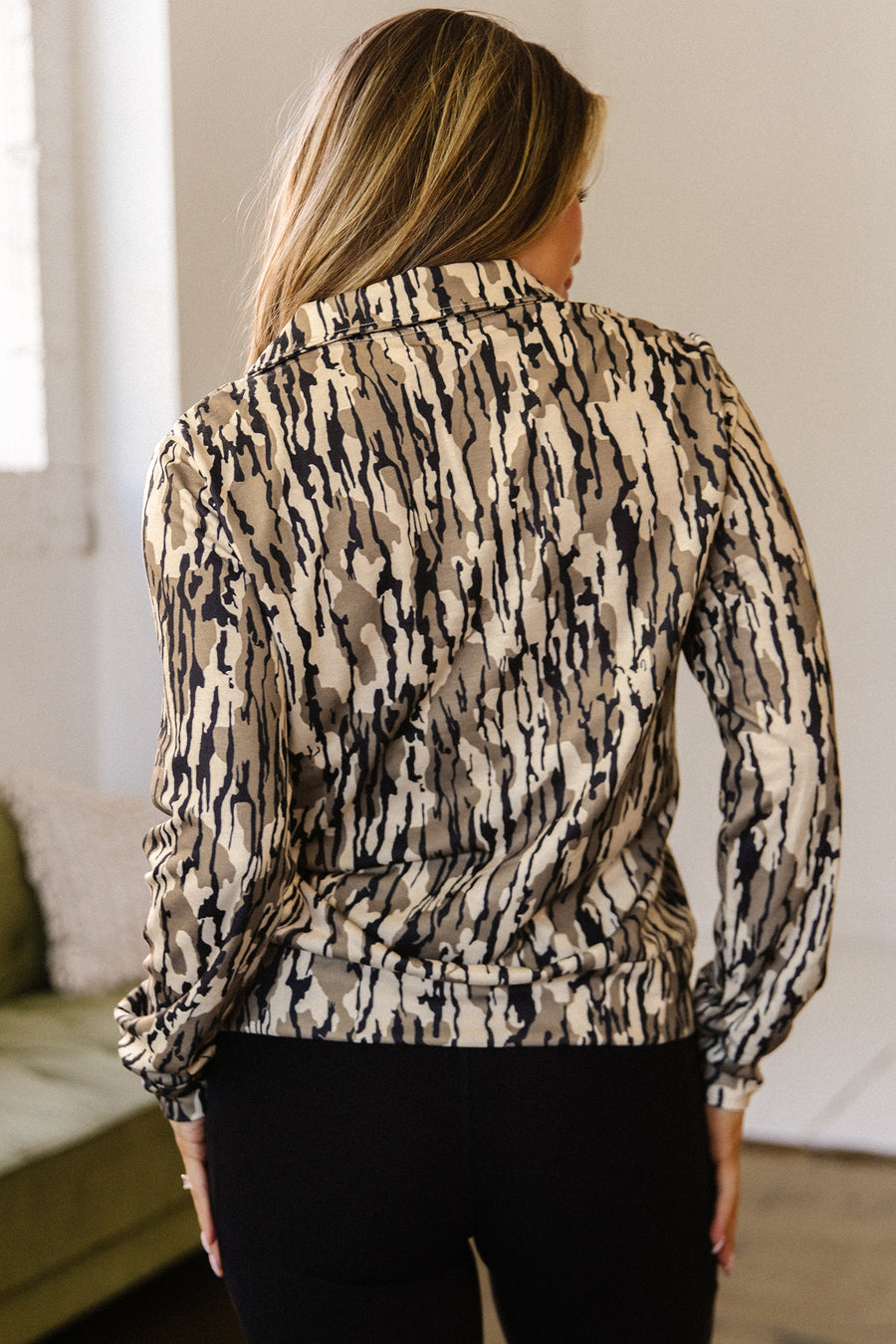 Brown camo zipper collar sweatshirt back view — Fashionfitz UK