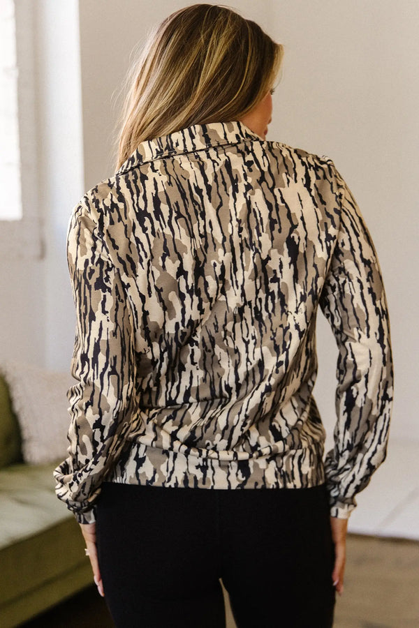 Brown camo zipper collar sweatshirt back view — Fashionfitz UK