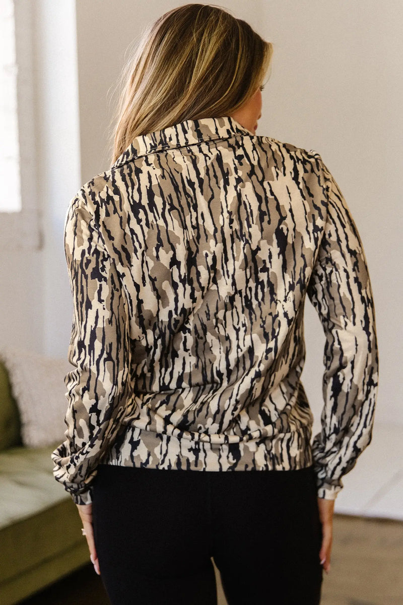 Brown camo zipper collar sweatshirt back view — Fashionfitz UK
