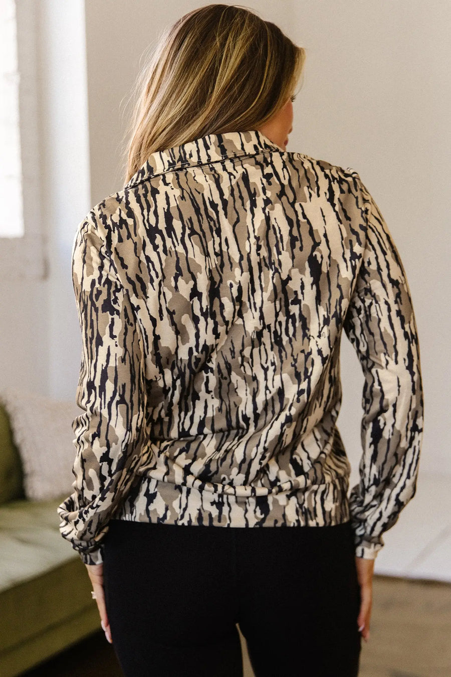 Brown camo zipper collar sweatshirt back view — Fashionfitz UK
