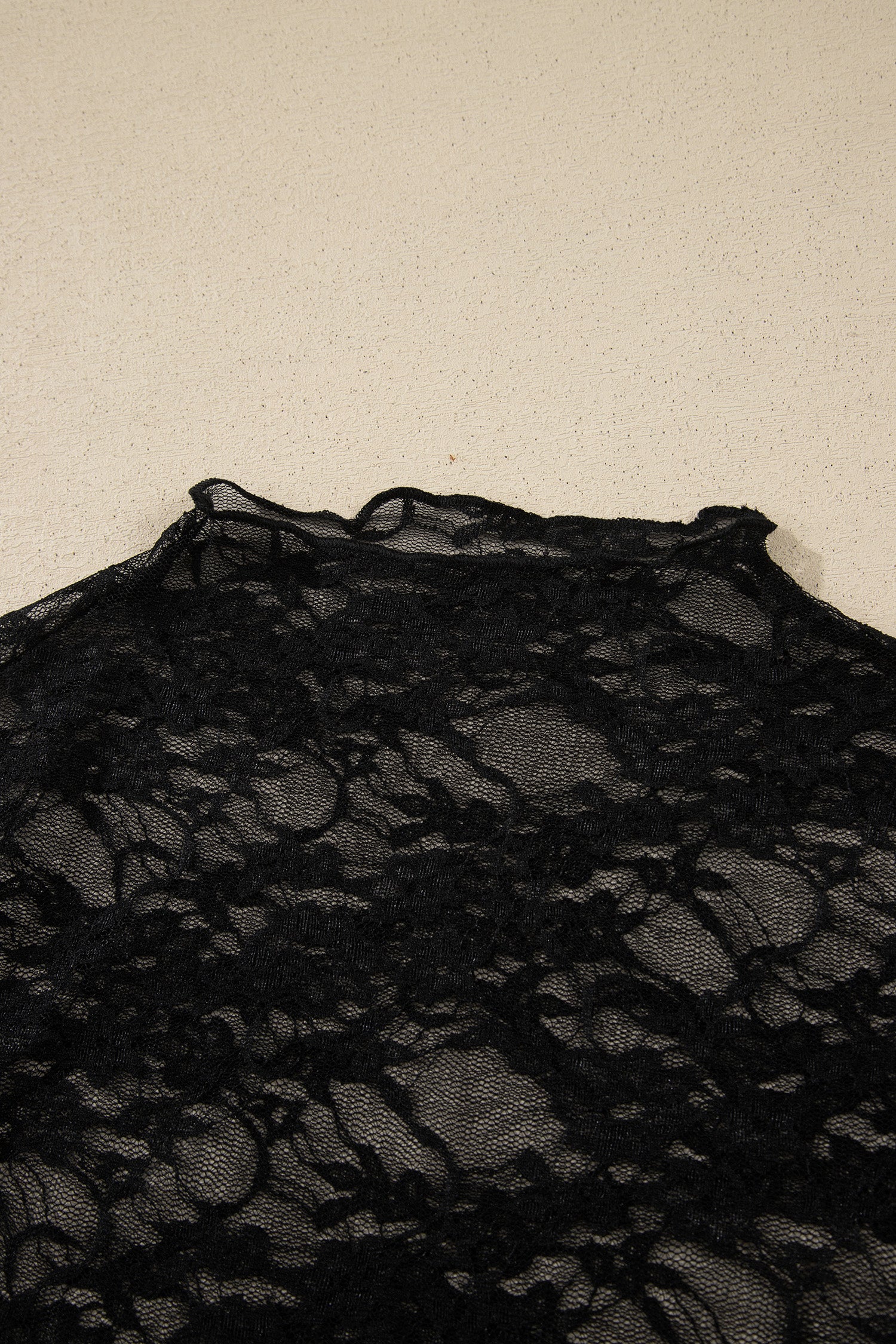 Sheer Floral Lace Mock Neck Lettuce Trim Long Sleeve Top