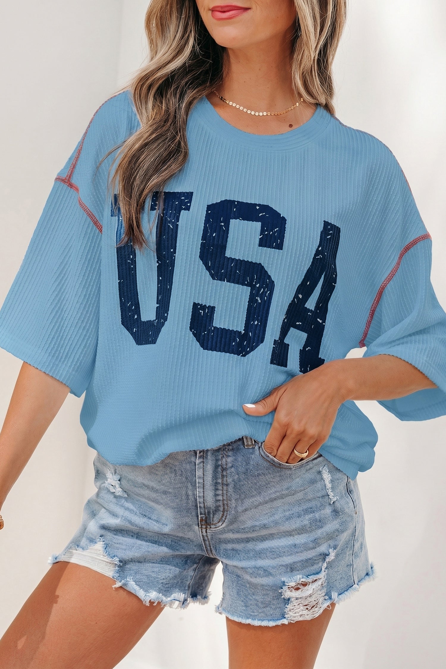 USA Graphic Ribbed Half Sleeve Loose Top Round Neck Tunic Length