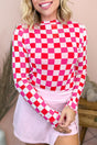 Plaid Heart Mesh Sheer Long Sleeve High Neck Blouse