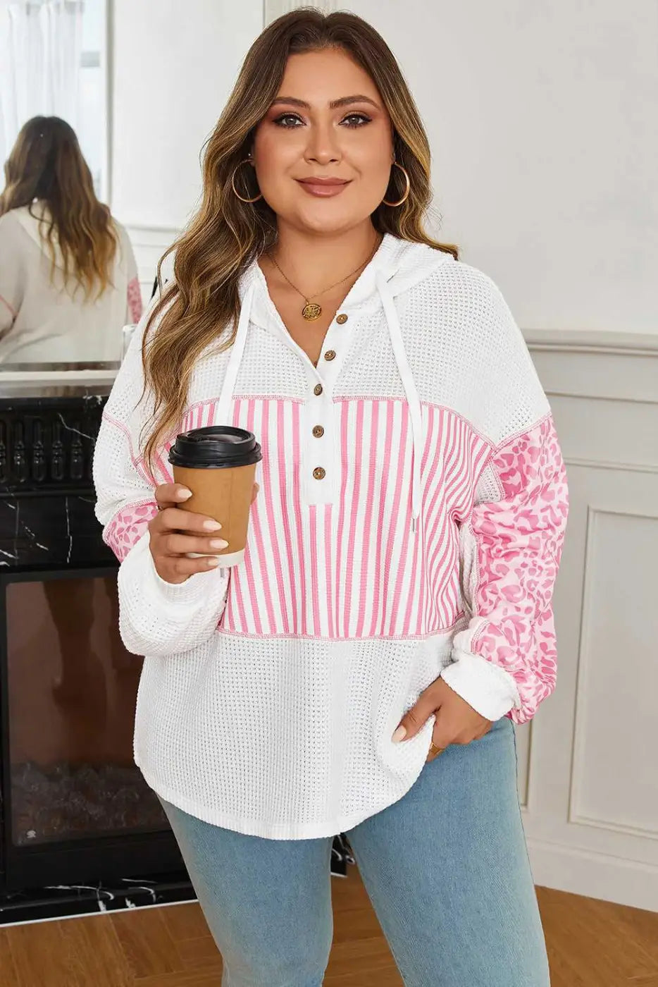 Curve Pink Leopard Stripe Waffle Hoodie for Women styled with light jeans, featuring pink leopard and stripe panels in a relaxed plus size fit.