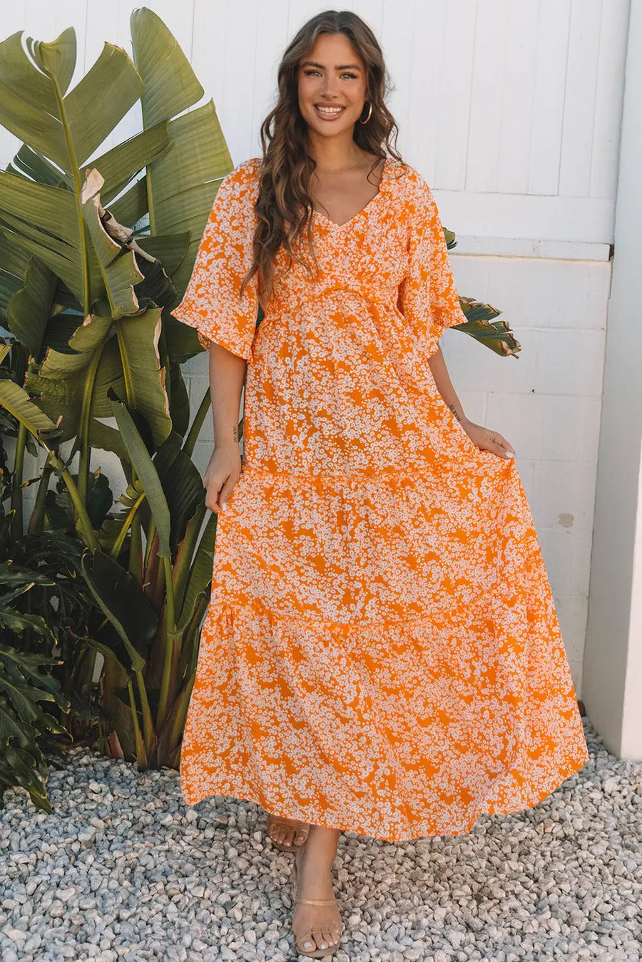 Orange Floral Smocked V Neck Wide Sleeve Maxi Dress Women UK