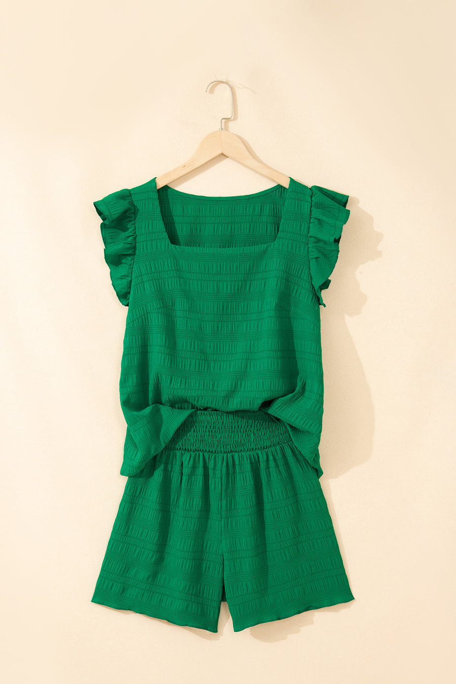 Textured Square Neck Cap Sleeve Top & Shirred High Waist Shorts Set