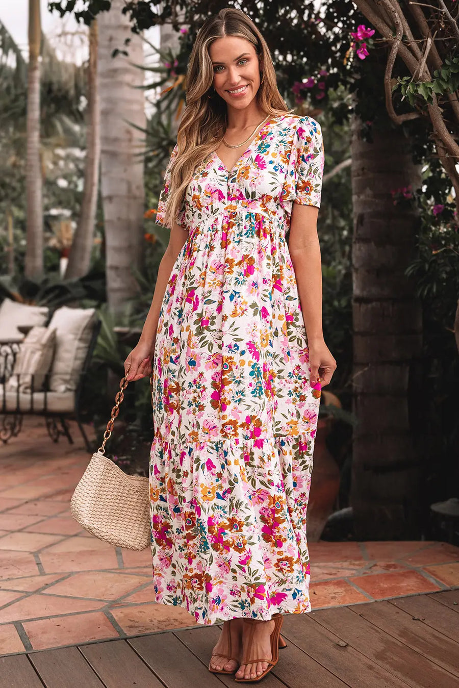 Red Floral Short Sleeve V Neck High Waist Maxi Dress Women UK