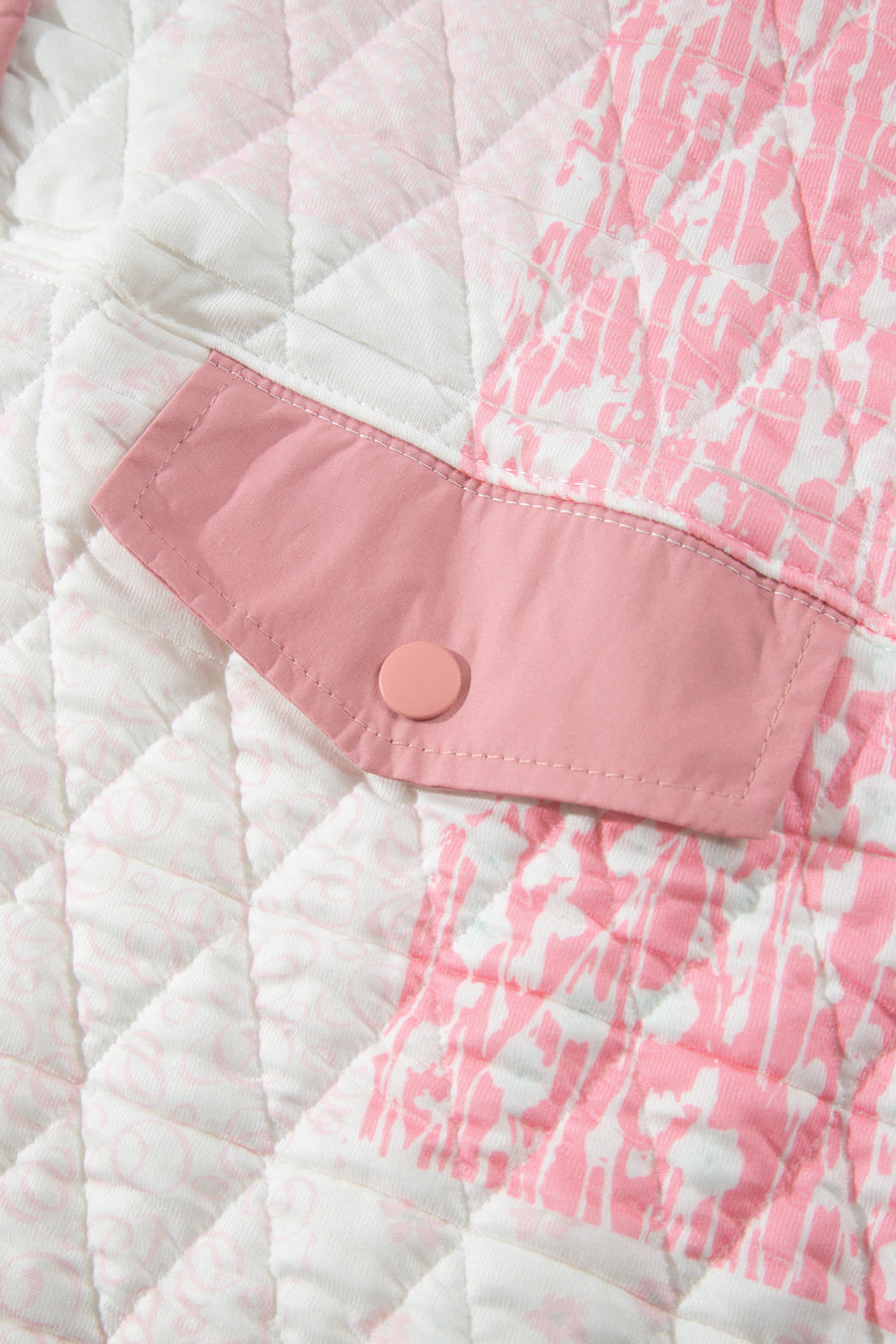 Pink Floral Quilted Half Button Pocketed Pullover Sweatshirt