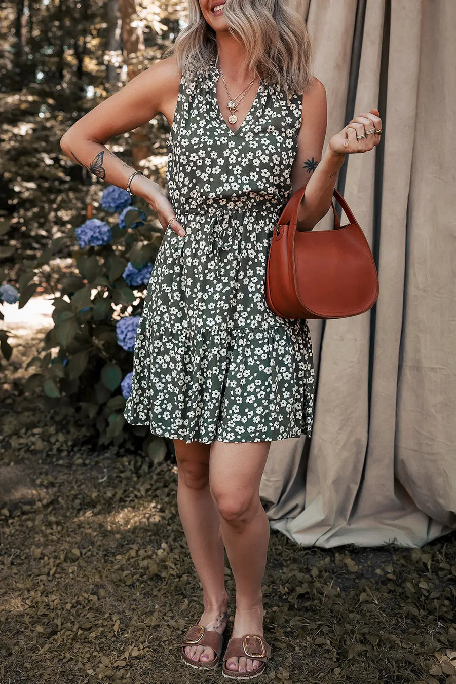 Green Boho Floral V Neck Sleeveless Tunic Dress Women UK