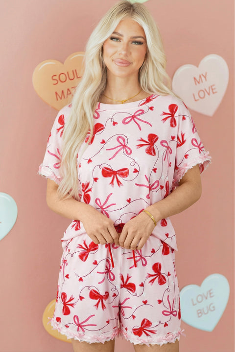 Bow Print Loose Tee & Drawstring Shorts Lounge Set Women UK