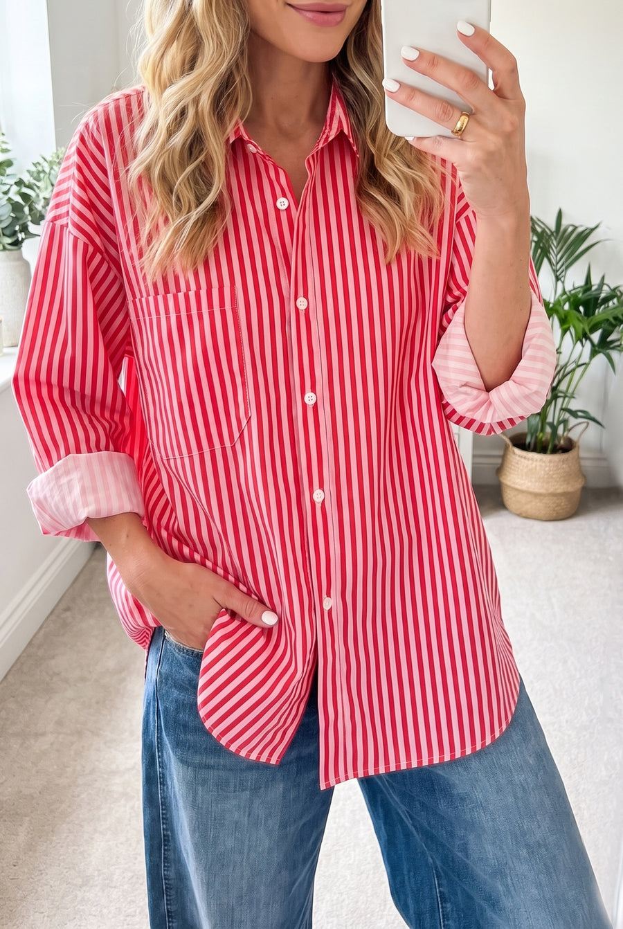 Stripe Button-Up Long Sleeve Shirt with Patch Pocket